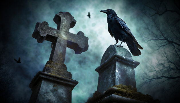 Closeup and bottom view of a black crow or raven standing on a tombstone in a spooky cemetery. Halloween concept. Generative Ai.