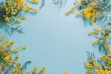 Top view of a vibrant frame crafted from yellow mimosa flowers, set against a cheerful yellow solid background