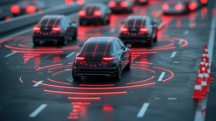 Fotobehang Autonomous Vehicles. Automotive engineers design autonomous vehicles equipped with electronic brains and specialized motherboards that process sensor data in real-time © arti om
