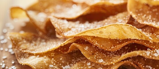 A stack of crispy potato chips covered in a generous layer of sweet sugar, creating a tempting and indulgent snack option.