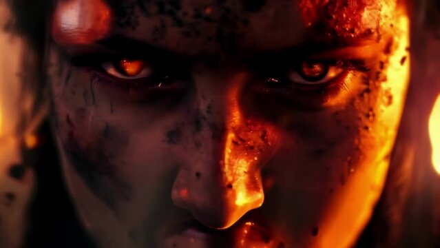 A closeup of a viking womans intense eyes, highlighted by the sparks emitting from the battle scene behind her.