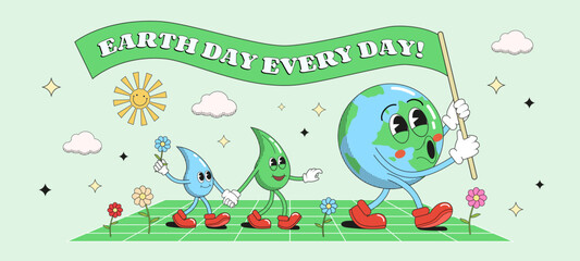 Earth Day banner with groovy Earth, leaf and water drop characters holding a ribbon with text greeting. Vector illustration.