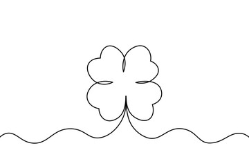 Continuous drawing line with a large clover outline isolated on a transparent background. Happy St. Patrick's Day banner. Black line vector illustration