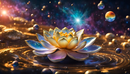 Lotus Blüte geöffnet Blume Erkenntnis Gold glänzend in vor Hintergrund Universum leuchtender Sterne Galaxien Lilie Wasser Spirituelle Erkenntnis neue Erde Erwachen Achtsamkeit Erleuchtung Buddha  - obrazy, fototapety, plakaty