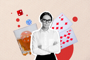 Creative collage picture illustration monochrome effect silhouette serious office wear woman cross...