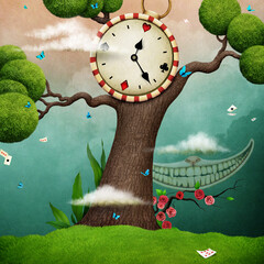 Fantasy fairy tale Wonderland background with tree, clock and Cheshire cat  for cover or illustration for invitation or poster. 