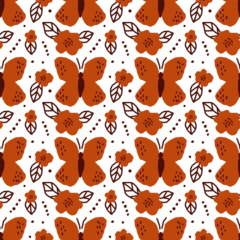 Fotobehang Seamless pattern with butterfly and flower, leaf. Children's style abstract flowers and insect. Funny Spring, summer floral garden pattern, Repeated background for wallpaper, wrapping paper, packing. © Елена Кутузова