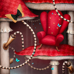 Fantasy fairy tale Wonderland with armchair and mushrooms background for cover or illustration for invitation or poster