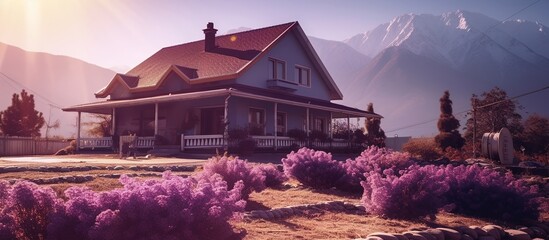 The view of the village at dusk before nightfall is in a mountain valley and the silence that begins to appear is a beautiful view of the white and purple village houses - obrazy, fototapety, plakaty