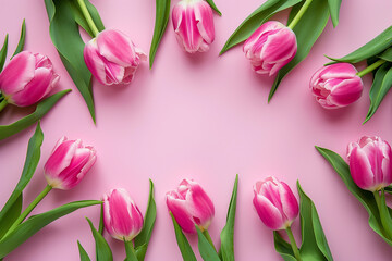 Women's Day, Mother's day top view, light pink solid background; frame from pink tulips flowers, studio light