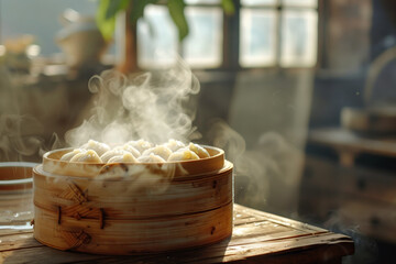 Chinese dumplings in a bamboo steamer are hot, emitting steam in front of the window