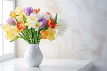 Colorful spring flowers in a vase, bright interior. Spring Bouquet of Mixed Flowers in White Vase