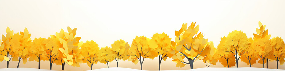 a row of yellow trees on a white background 3d graphics narrow long panorama. - obrazy, fototapety, plakaty
