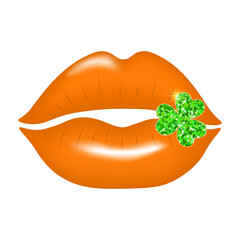 Beautiful 3d orange lips with glitter clover isolated on a transparent background. Happy St. Patrick's Day. Vector illustration