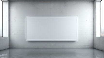 Minimalist gallery space with a single blank white canvas on a textured grey wall.