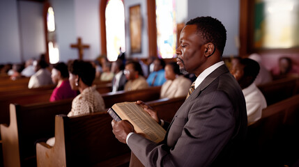 Black man in a church holding the bible  - obrazy, fototapety, plakaty