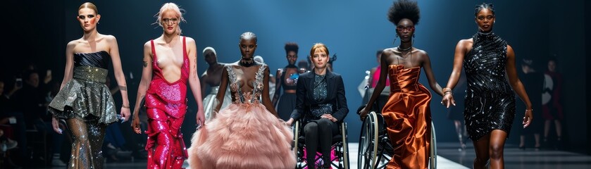 Accessible fashion show runway models with disabilities diversity and glamour - obrazy, fototapety, plakaty