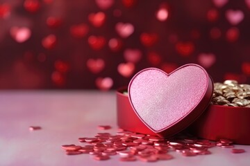 Obraz premium Chocolate treats in a red heart box, love symbol. Valentine's Day Chocolates in Heart-Shaped Box