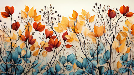 autumn background with vintage tinted flowers and leaves on a white background.