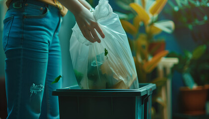 Hands throwing away a plastic rubbish bag with inorganic rubbish, protecting the environment, littering the planet - Powered by Adobe