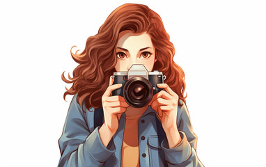 Illustration of a Girl with a Camera Capturing Moments Isolated on White Background.
