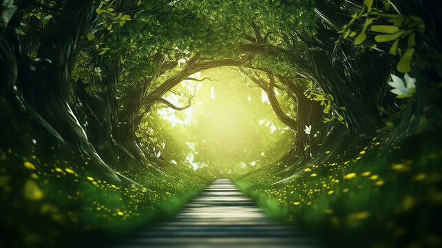 round tunnel frame arch entrance in green trees eco forest nature postcard copy space.