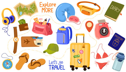 Travel set. Tourists objects bundle, map, camera, baggage, hat, backpack, documents, pillow and sleep mask. Accessories needed in trip. Vacation, summer holidays. Hand draw Vector illustration