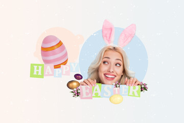 Creative 3d photo artwork graphics collage of smile young girl peek easter egg hunt atmosphere...