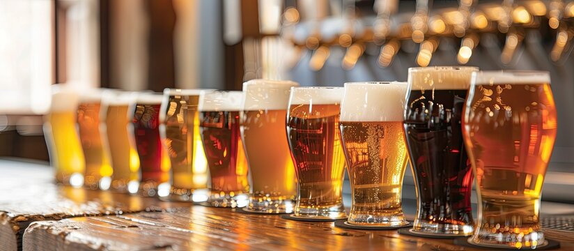 A row of beer glasses, filled with refreshing pints of beer, is neatly arranged on top of a wooden table. The glasses glisten under the light, showcasing the bounty of flavorful fun awaiting