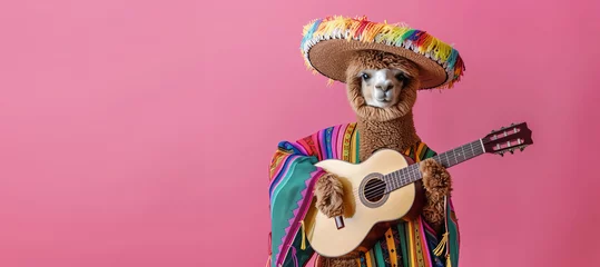 Deurstickers lama or alpaca in mexican sombrero hat with a guitar isolated on pastel background © ALL YOU NEED studio