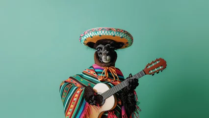 Poster lama or alpaca in mexican sombrero hat with a guitar isolated on pastel background © ALL YOU NEED