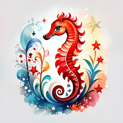Seahorse living in the sea, watercolor picture.