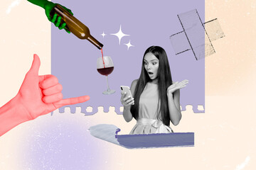Composite 3d photo artwork graphics collage of young shocked girl order alcohol online iphone...