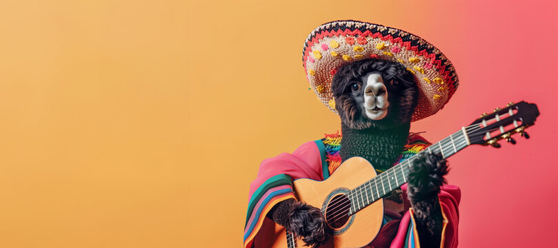 lama or alpaca in mexican sombrero hat with a guitar isolated on pastel background