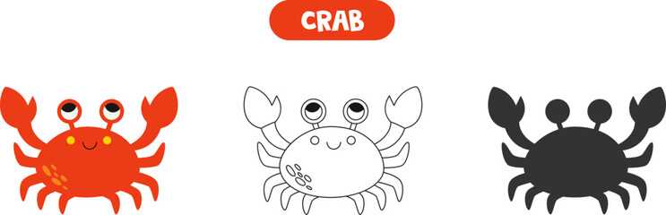 Colorful picture, black and white illustration, vector silhouette. Cute red crab.