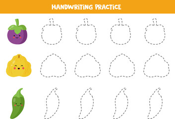 Tracing contours  for kids.  Cute kawaii fruits and vegetables. Handwriting practice.