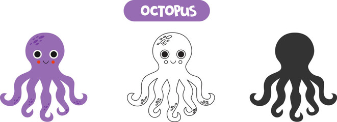 Colorful picture, black and white illustration, vector silhouette. Cute purple octopus.