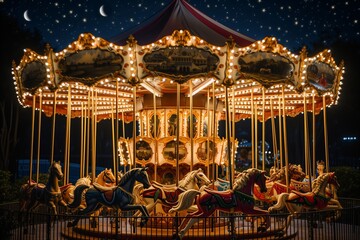 An enchanting night-time scene of a vintage carousel, glowing with soft, warm lanterns, the horses painted in vibrant colors, under a moonlit sky.