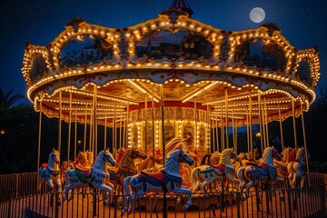 An enchanting night-time scene of a vintage carousel, glowing with soft, warm lanterns, the horses painted in vibrant colors, under a moonlit sky.