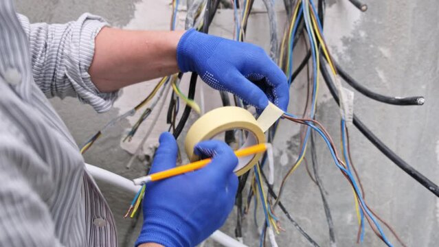 electrician installing cables and wires in a new electrical enclosure Flag labels wiring Electrical panel wire marking