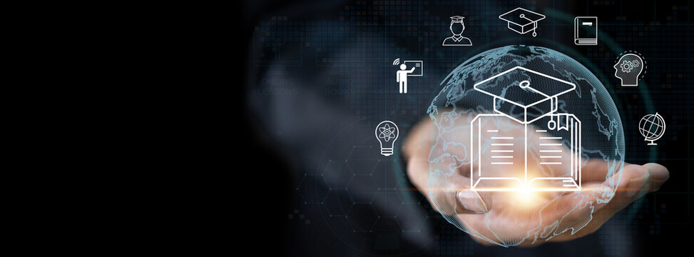 Human with technology internet learning and study online class webinar technology, e-learning, online education, education, training, tutor, video lesson, course, knowledge in homeschool