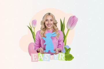 Creative 3d photo artwork collage of beautiful joyful girl hold figure bunny rabbit easter eggs...