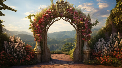 an ancient Greek antique arch braided with flowers against a background of mountains and a blue sky. Travel concept