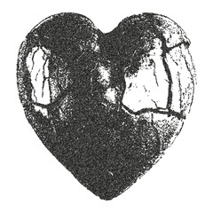 Broken heart with retro photocopy effect. Stippling technique. Texture of dots.