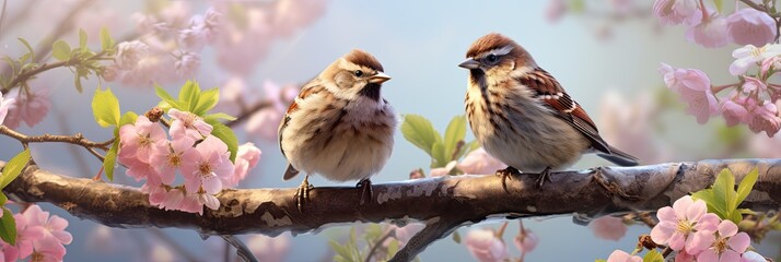 Sparrow Chicks in a Spring Garden. Small, Cute Birds Surrounded by Pink Apple Blossoms on a Sunny