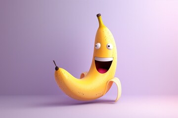 An exuberant banana character with a wide, beaming smile, against a minimalist, soft lavender...
