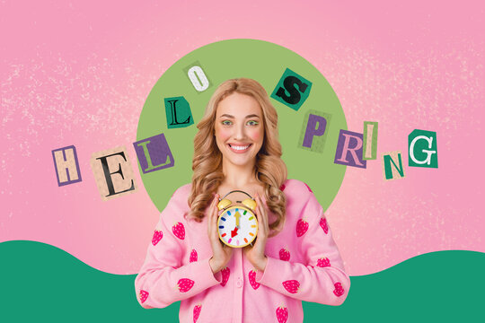 Composite photo collage of girl blonde curly hair wear strawberry cardigan hold clock spring atmosphere isolated on painting background