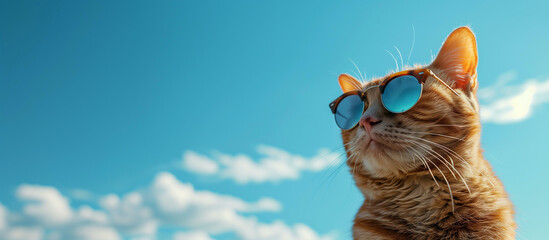 Cute Ginger Cat with Sunglasses Clear Blue Sky: Humorous and Cool Cat Portrait - Banner with Copy Space