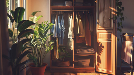 Closet with a plant and clothes hanging on its shelf.