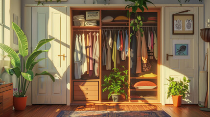 Closet with a plant and clothes hanging on its shelf. - obrazy, fototapety, plakaty